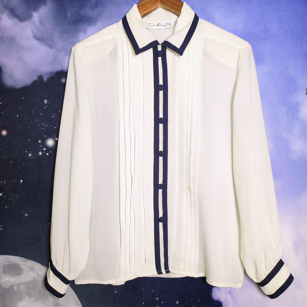 Vintage Chaus Ivory Navy Blue Trim Secretary Blouse Pleated Top Size 8
